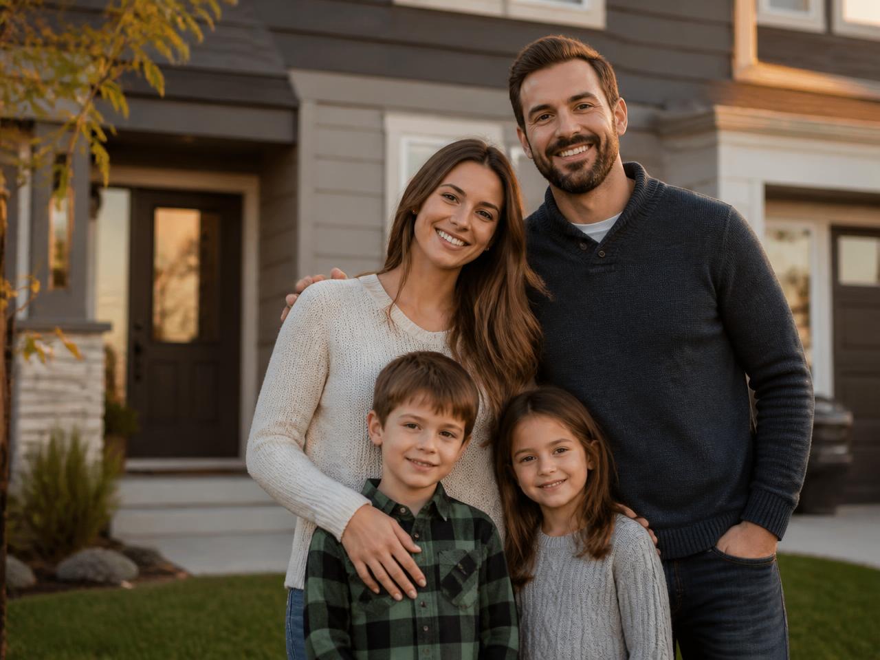 Canadian family standing in front of their home at sunset